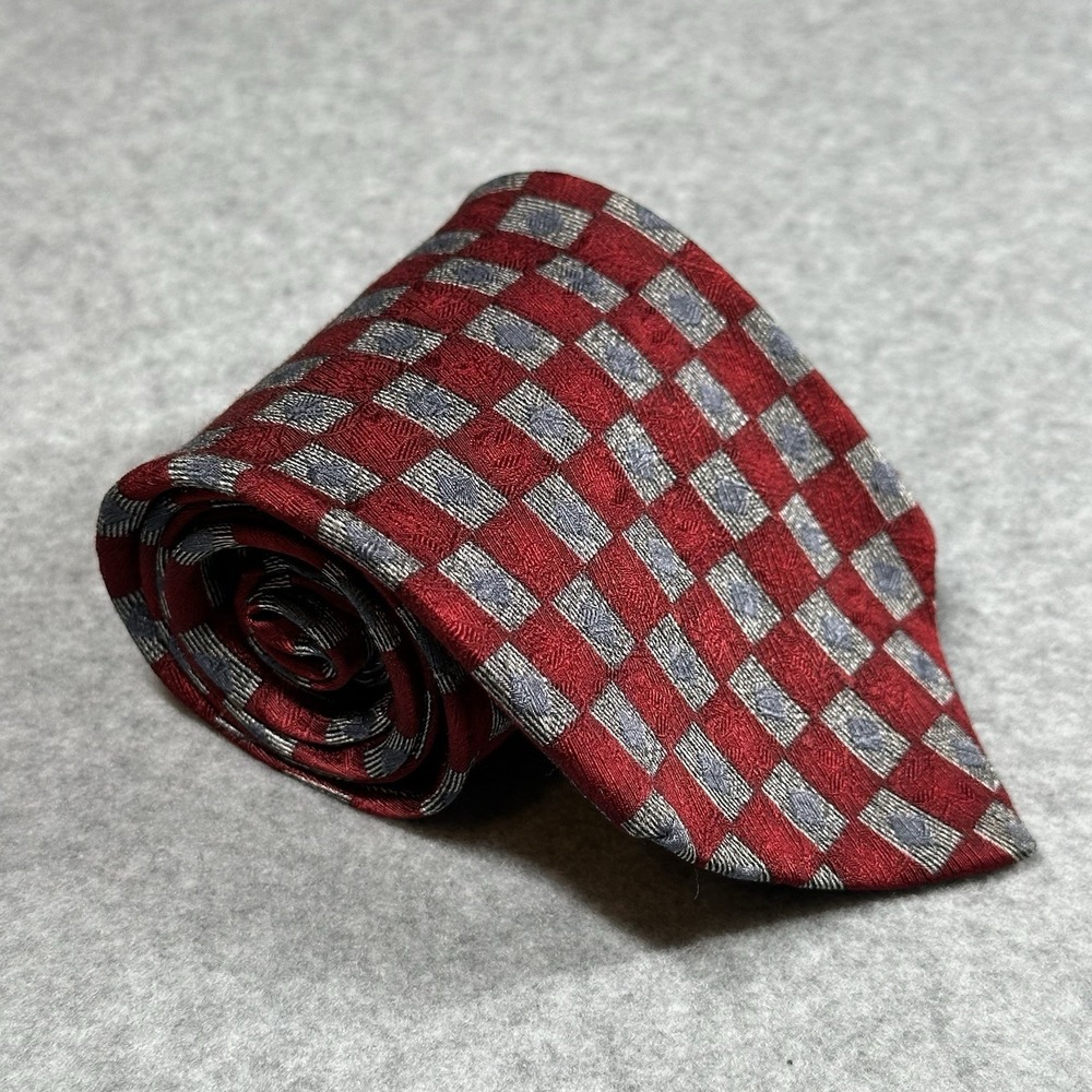 Vintage Zanzara Red Gray Geometric Squares‎ Silk Tie Classic Korea Y2K 90s